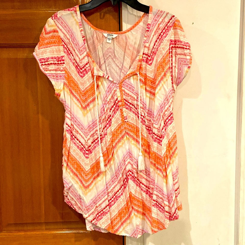 EUC! Women’s size M, boho peasant tunic top with tassel ties by Sonoma!